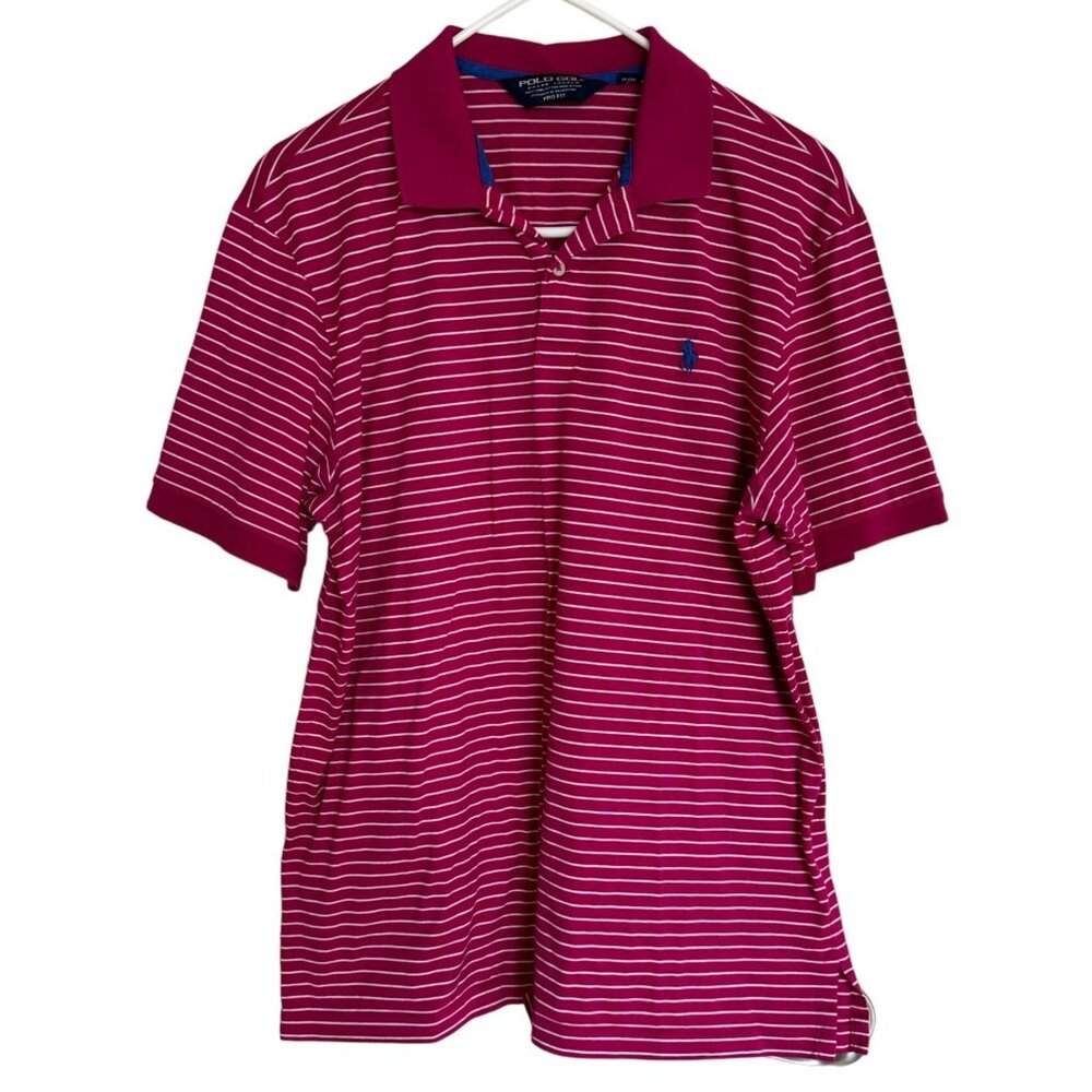 Polo Ralph Lauren Golf Shirt Mens Large Pink White Striped Pima Cotton Pro Fit e